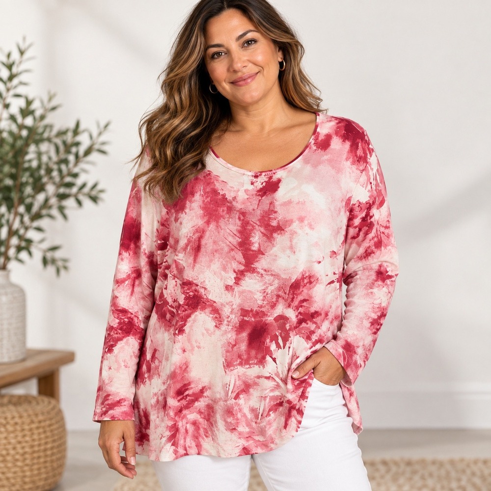 Chico's Red White Tie Dye Scoop Neck Long Sleeve Top Size 3 XL Relaxed Fit